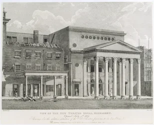 Vista del Nuevo Teatro Real, Haymarket, inaugurado el 4 de julio de 1821, mostrando también la situación relativa del antiguo teatro antes de su demolición, grabado por Dale, 1822