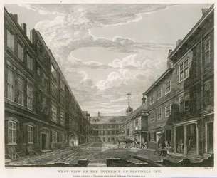 Vista oeste del interior de la posada de Furnival, Holborn, Londres