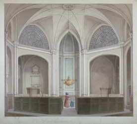 Interior de la iglesia de San Bartolomé el Menor, Ciudad de Londres, 1834