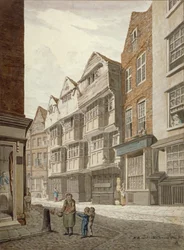 Vista suroeste de una antigua casa con estructura de madera en Ship Yard, Westminster, Londres, 1815