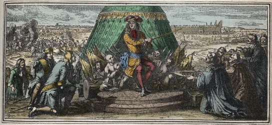 La construcción de Les Invalides en 1670 - Alegoría de la fundación del Hotel des Invalides - Luis XIV mostrando a sus viejos soldados mutilados el Hotel des Invalides en construcción grabado por Robert Bonnart (1652-1729)