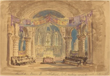 Escena de Harold 3 Catedral (Las reliquias cubiertas con tela en el centro)