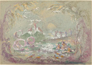 Escena del lago con hadas y cisnes