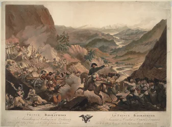 El príncipe Bagration lidera a los cosacos en el ataque en los Alpes, 1805