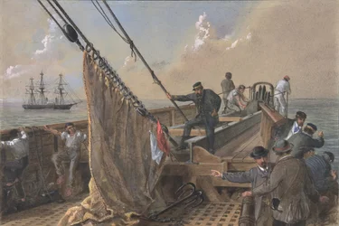Cubierta delantera del Great Eastern despejada para el primer intento de agarrar..., 1865-66