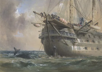 H.M.S. Agamemnon tendiendo el cable telegráfico atlántico en 1858: una ballena cruza la línea, 1865-66