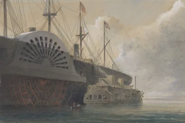 La vieja fragata Iris con su carga de cable junto al Great Eastern en Sheerness, 1865