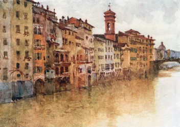 Estudio de las casas antiguas de Borgo S Jacopo, desde el Arno, mirando al oeste (litografía en color)