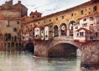 Estudio que muestra el lado este del Ponte Vecchio y las casas antiguas de la Via de