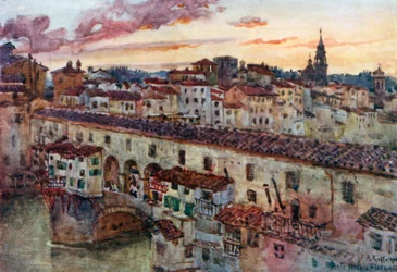 Puesta de sol en verano sobre los tejados florentinos (litografía en color)