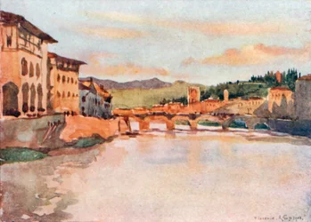 Vista hacia el este desde el Ponte Vecchio al atardecer, con la colina de S Miniato y el Ponte Alle Grazie (litografía en color)