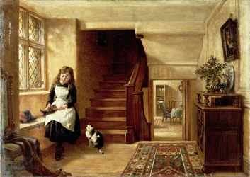 Un Interior con una Chica Jugando con Gatos