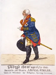 Jorge III de Gran Bretaña en 1810 en su Jubileo de Cincuenta Años, impresión de R Dighton después de su propio dibujo hecho en Windsor, publicado el 25 de octubre de 1810
