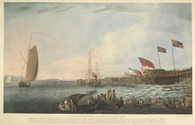 Una vista de Blackwall, con parte del Astillero, en el lanzamiento del Castillo de Bombay, 74 cañones, construido a expensas del Excmo. East India Company y presentado por ellos a Su Majestad en junio de 1782