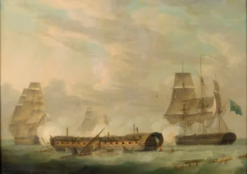 Acción en el mar: una fragata francesa completamente desarbolada, finales del siglo XVIII (pintura al óleo)