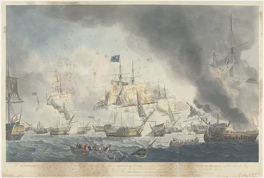 Batalla de Kamperduin (1797): derrota de la flota bátava La flota holandesa derrotada en la tarde del 11 de octubre de 1797, mostrando el buque insignia del almirante De Winter desarbolado (...) (título sobre el objeto)