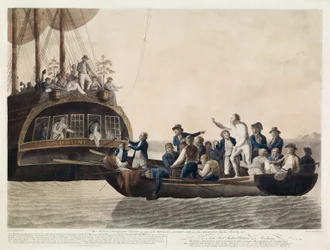 Los amotinados abandonando al teniente Bligh y parte de los oficiales y la tripulación, 29 de abril de 1789, pub. 1790