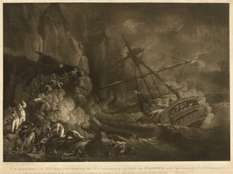 La pérdida del barco "Halsewell" de la Compañía de las Indias Orientales en la noche del 5 al 6 de enero de 1786, c.1786 (aguatinta, aguafuerte)