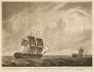 Esta vista, del buque de Su Majestad EUROTAS, con mástiles de jurado, en la mañana del 26 de febrero de 1814, a punto de alcanzar a la fragata imperial francesa LA CLORINDE, que se había alejado la tarde anterior, debido a la circunstancia de que el