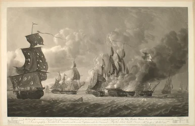 Esta vista del combate del día de San Jorge de 1794, entre un destacamento de las fragatas de Su Majestad, bajo el mando de Sir John Borlase Warren Bar, y cuatro fragatas francesas está muy respetuosamente inscrita al Comodoro y a los distintos capitanes b