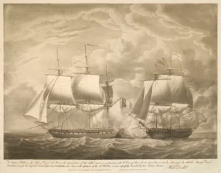 Al Capitán Phillimore, sus Oficiales, Marineros e Infantes de Marina, esta representación de su hábil maniobra (al pasar por debajo de la Popa del Enemigo cuando éste esperaba que tomaran el Meteorológico) por la cual la Fragata de Su Majestad EUROTAS, tra