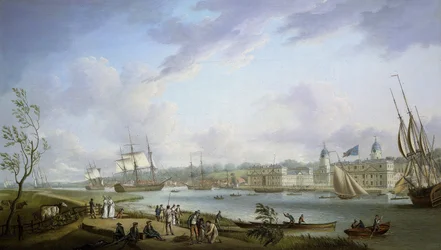 Vista de Greenwich, descripción del Támesis y de las actividades en sus orillas, así como de la navegación fluvial, sujeta a la importancia de las mareas. Óleo sobre lienzo