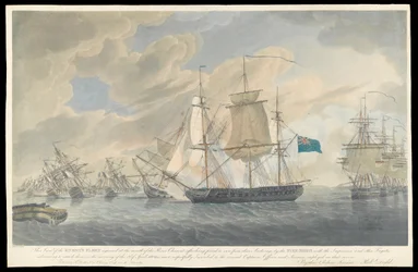 Vista de la flota enemiga encallada en la desembocadura del río Charent, principios del siglo XIX (aguatinta, aguafuerte coloreado a mano)