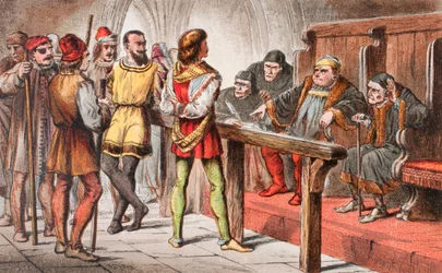 Dogberry habla en Mucho ruido y pocas nueces, Acto IV, Escena II, "Escribe que esperan servir a Dios; y escribe Dios primero: porque Dios defienda pero Dios debe ir delante de tales villanos", de "The Illustrated Library Shakespeare", publicado Londres 189