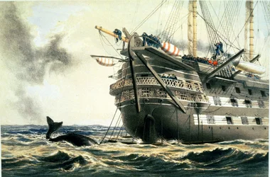 HMS Agamemnon tendiendo el cable original del Atlántico, de "The Atlantic Telegraph" de William Howard Russell, publicado en 1866 (litografía en color) (véase también 192775-778)