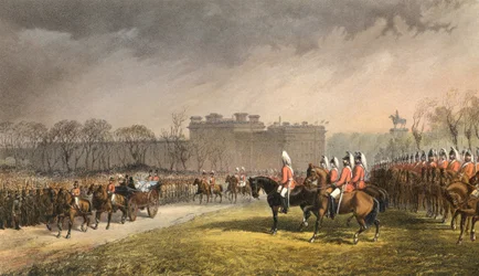 Hyde Park, la Princesa pasando las líneas de los voluntarios, 7 de marzo de 1863 (grabado)