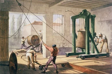 Preparando el cable, de "The Atlantic Telegraph" de William Howard Russell, publicado en 1866 (litografía en color) (véase también 192775).
