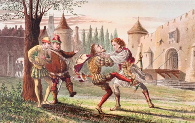 Sebastian habla en Noche de Reyes, Acto IV, Escena I, "¡Por qué! ¡Hay para ti! ¡Y allí! Y allí", de "The Illustrated Library Shakespeare", publicado en Londres en 1890 (litografía en color).