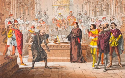 Shylock habla en El mercader de Venecia, acto IV, escena I, "¿Es ésa la ley", de "The Illustrated Library Shakespeare", publicado en Londres en 1890 (litografía en color).