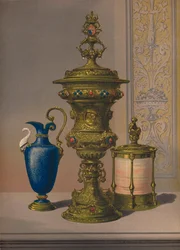 Jarrón de plata dorada y joyas, jarrón de porcelana, cofre de cigarros, 1863