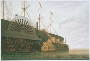 La vieja fragata HMS Agamemnon con su peso de cable junto al SS Great Eastern, de "The Atlantic Telegraph" de William Howard Russell, publicado en 1866 (litografía en color) (véase también 192775-780).