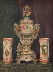 Jarrón de porcelana de Dresde y par de vasos de porcelana, 1863