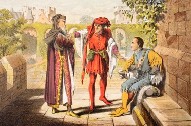 Warwick habla en el Rey Enrique VI, Acto II, Escena II, "Seamos los primeros en saludar a nuestro legítimo soberano", de "The Illustrated Library Shakespeare", publicado en Londres en 1890 (litografía en color).