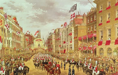 Procesión nupcial de Eduardo, Príncipe de Gales, y la Princesa Alexandra atravesando la ciudad en Temple Bar, 7 de marzo de 1863, ilustración de 