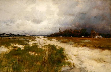 Paisaje costero, dunas y molino de viento