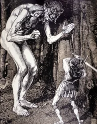 El caballero y el gigante (Ilustración de Robert Engels, grabado alemán, Düsseldorf)