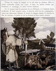 Tristán cerca del dragón muerto - en "El Romance de Tristán e Iseo" de Bédier, ilustrado por Robert Engels, ed. de Arte, París