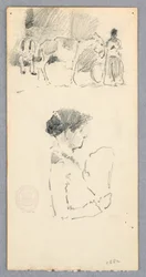Dibujo, Escena con burro y dos figuras; mujer con abanico, 1882