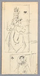 Dibujo, Escena callejera, Italia (anverso); Dos vistas enmarcadas de mujeres jugando a las cartas (reverso), 1882