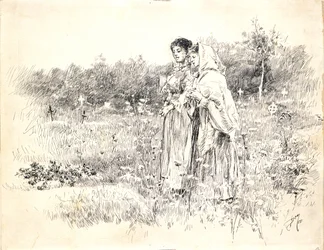 Dos muchachas de pie ante una tumba