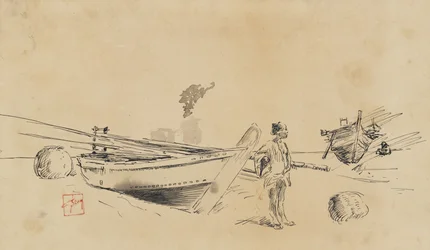 Dos barcos de pesca japoneses en la orilla, 1867-1903