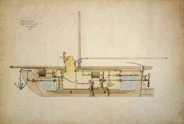 Dibujo original del Nautilus, el primer barco submarino, presentado por su inventor Robert Fulton (1765-1815) al Senado Americano en 1806.