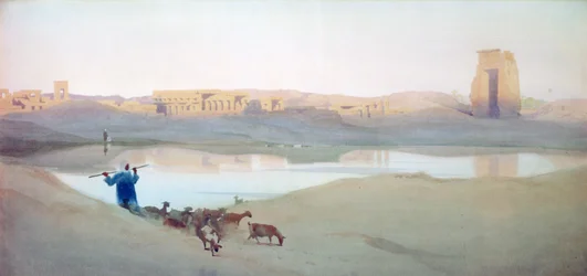 El lago sagrado, Karnak", c1900. Acuarela. Robert Talbot-Kelly (1861-1934) Paisajista orientalista inglés. Egipto Paisaje Agua Ruinas Goatherd