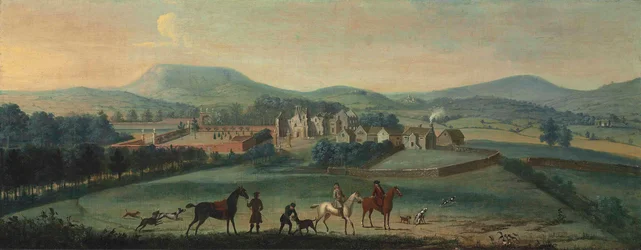 Vista de las ruinas de Westby Hall, Yorkshire, con un grupo de caza en primer plano