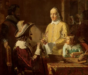 William Harvey (1578-1657) demostrando a Carlos I su teoría de la circulación de la sangre