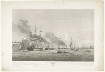 Salida de doce barcos mercantes holandeses del puerto de Portsmouth, 1833 (lámina 2) Este conjunto de tres placas que representan la salida del puerto de Portsmouth el 2.d de junio de 1833 de 12 Nederlandsche Koopvaardy Ships from Embargo descargados